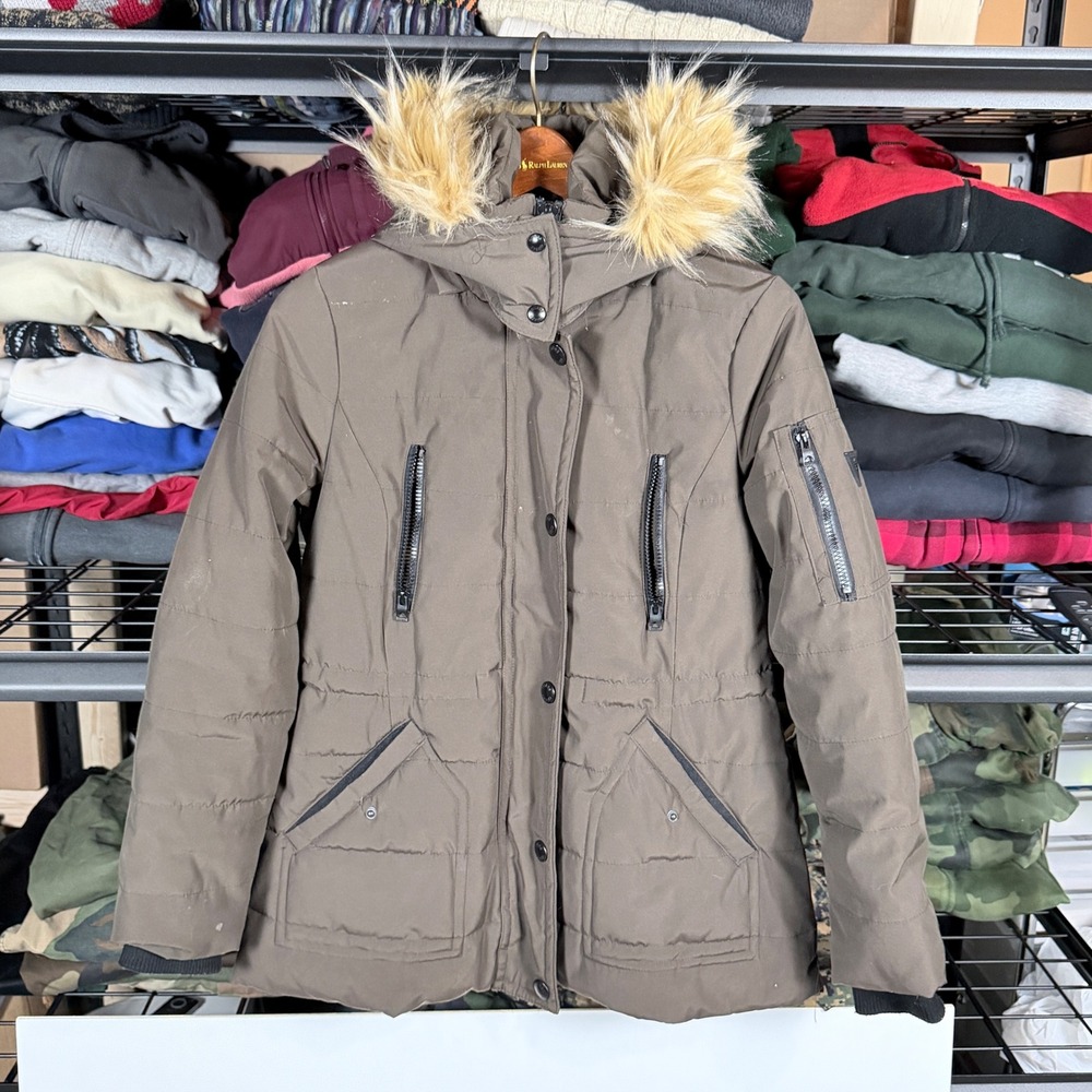 Guess Womens army Winter Puffer‎ Jacket Faux Fur Hood Brown Size Medium
